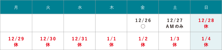 年末年始休診のお知らせ 12/28(日)~1/4(日)は休診となります。
