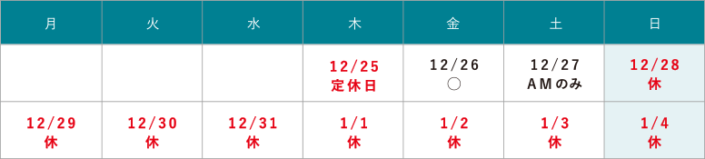 年末年始休診のお知らせ 12/28(日)~1/4(日)は休診となります。